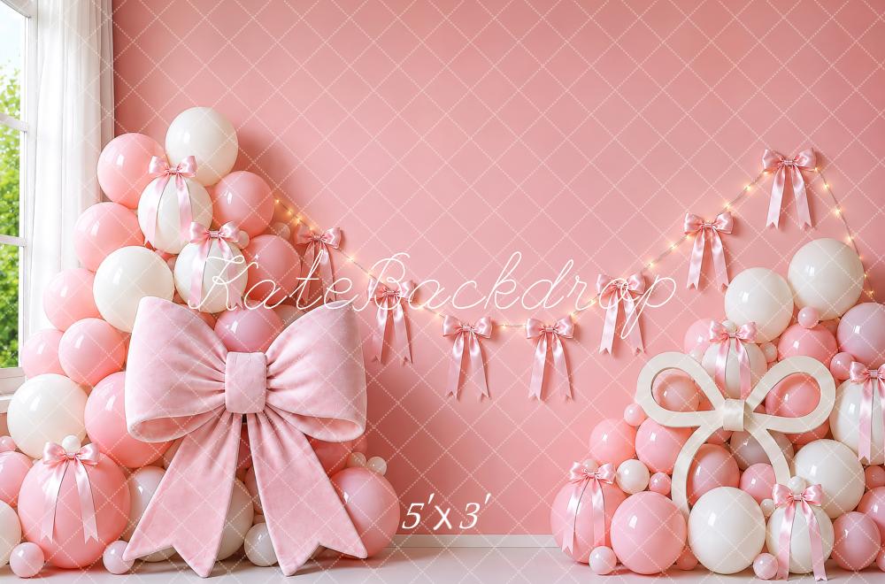 Kate Cake Smash Pink Bow Balloon Garland Printed Backdrop Designed by Shutter Swan Studios