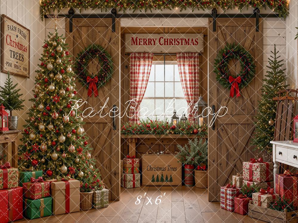 Kate Christmas Wood Barn Doors Tree Gifts Window Plaid Printed Backdrop Designed by Shutter Swan Studios