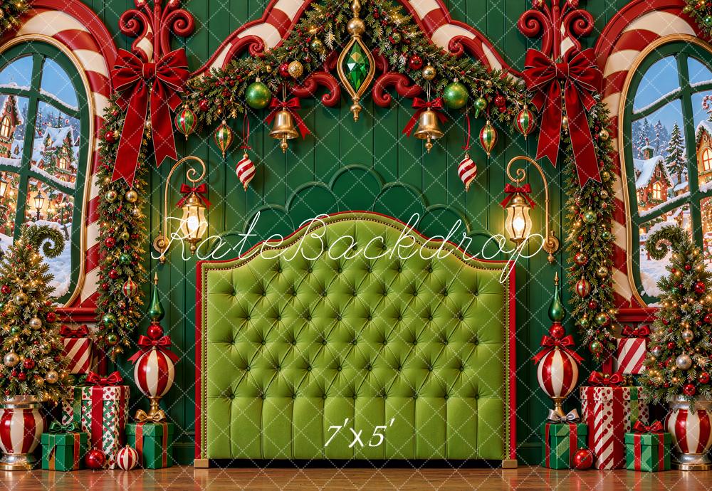 Kate Christmas Headboard Whimsical Green Candy Cane Window Garland Printed Backdrop Designed by Shutter Swan Studios