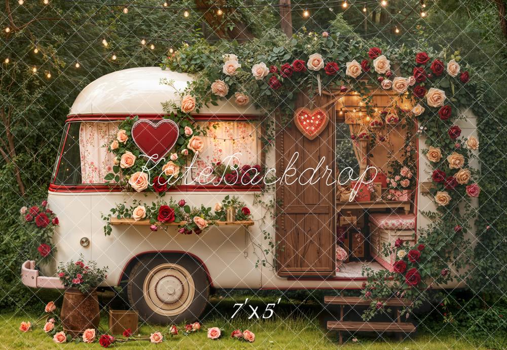 Kate Valentine's Day Vintage Camper Floral Heart Garland String Lights Backdrop Designed by Emetselch