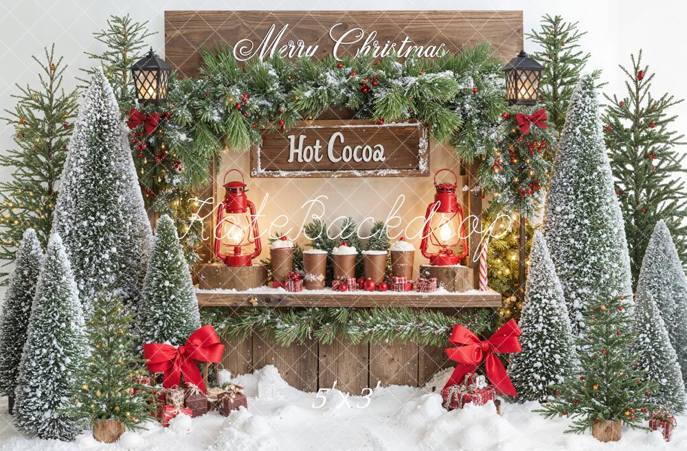 Kate Christmas Hot Cocoa Stand Snowy Pine Trees Lantern Backdrop Designed by Emetselch