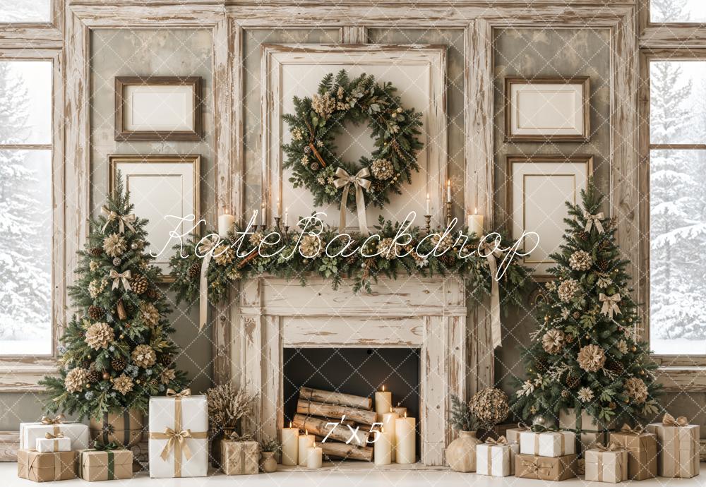 Kate Christmas Fireplace Rustic Wreath Garland Trees Neutral Printed Backdrop Designed by Emetselch