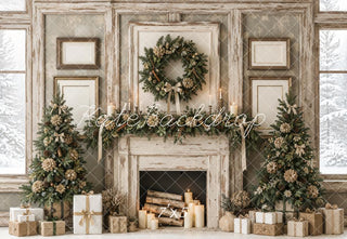 TEST Kate Christmas Fireplace Rustic Wreath Garland Trees Neutral Printed Backdrop Designed by Emetselch