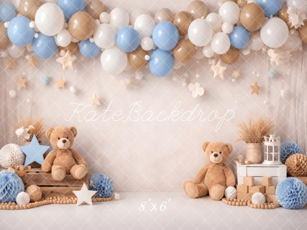 Kate Cake Smash Teddy Bear Blue Brown Balloons Stars Printed Backdrop Designed by Vertigo Productions