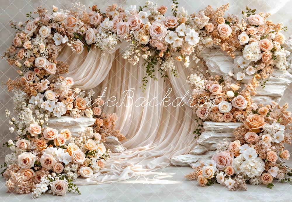Kate Flower Arch Cream Roses Stone Drapes Printed Backdrop Designed by Mini MakeBelieve