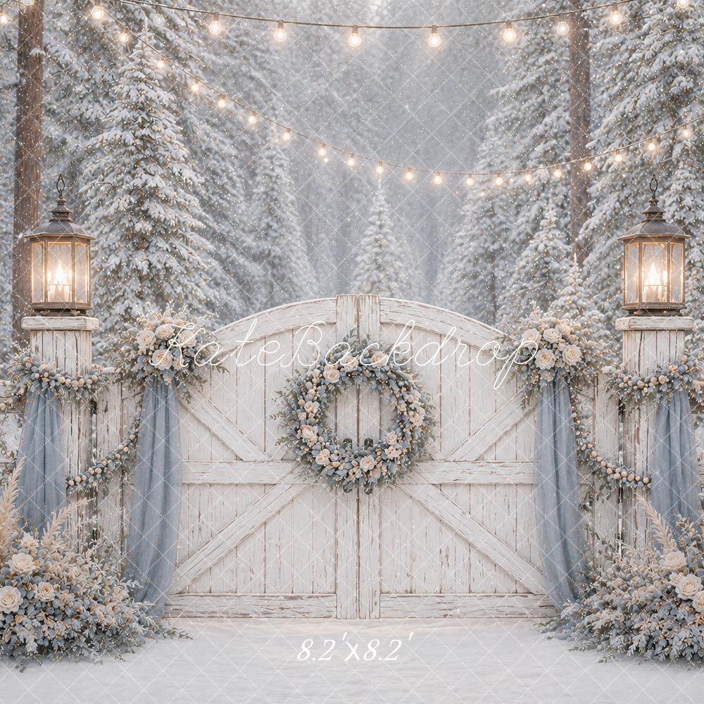 Kate Winter Snowy Forest Barn Gate Lanterns Printed Backdrop Designed by Ashley Paul