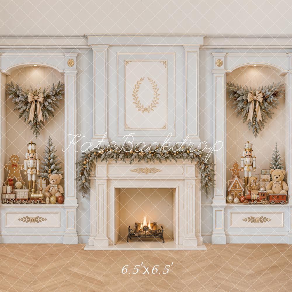 Kate Christmas Fireplace Retro Wall Nutcracker Garland Gingerbread Printed Backdrop Designed by Emetselch