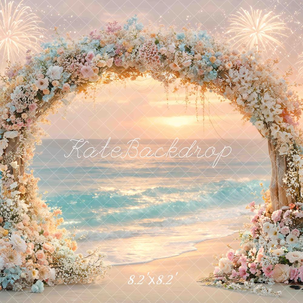 Kate Beach Sunset Flower Arch  Fireworks Printed Backdrop Designed by Mini MakeBelieve
