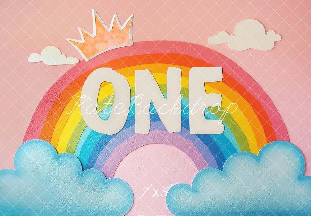 Kate 1st Birthday Rainbow One Crown Clouds Pink Printed Backdrop Designed by Laura Bybee