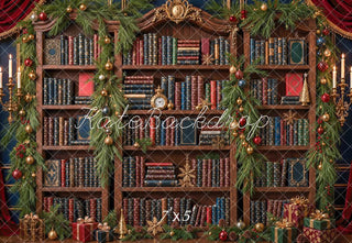 Kate Christmas Vintage Library Bookshelf Garland Printed Backdrop Designed by Mini MakeBelieve