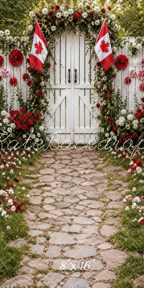 Kate Sweep Canada Day Flower Arch White Gate Cobblestone Path Printed Backdrop Designed by Vertigo Productions