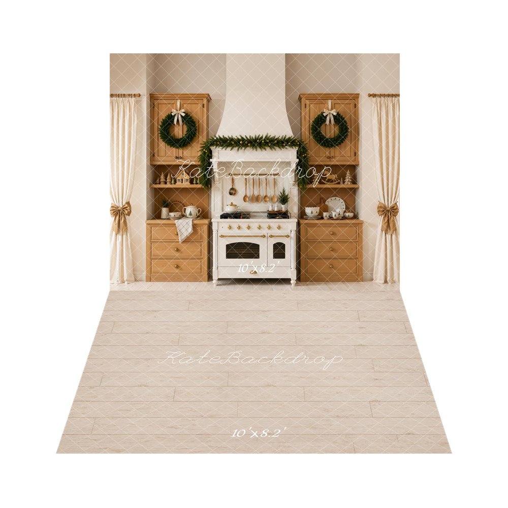 Kate Christmas Kitchen Garland Wreath Wood Cabinets Curtains Printed Backdrop+Beige Wood Plank Floor Printed Backdrop