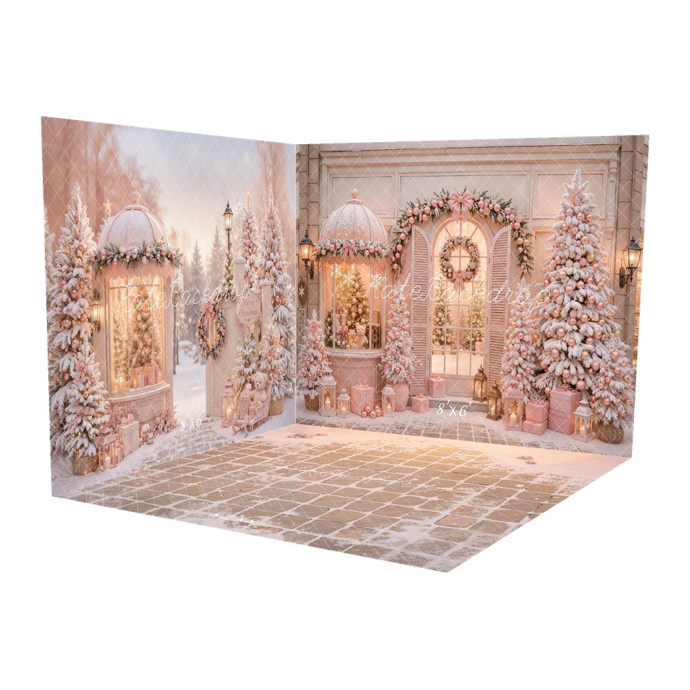 Kate Christmas Shop Pink Snowy Trees Garland Wreath Gift Boxes Printed Backdrop Room Set
