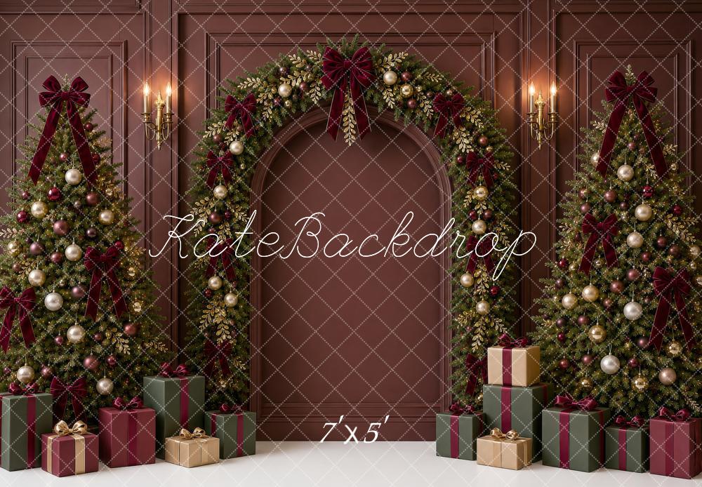 Kate Christmas Burgundy Garland Arch Trees Bow Gifts Printed Backdrop Designed by Shutter Swan Studios