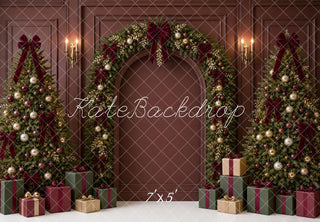 Kate Christmas Burgundy Garland Arch Trees Bow Gifts Printed Backdrop Designed by Shutter Swan Studios