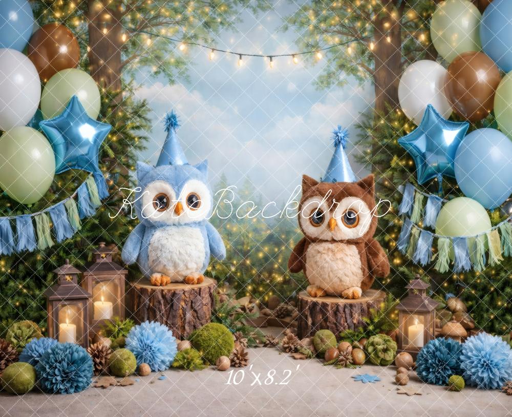 Kate Cake Smash Forest Owls Balloons Lanterns Birthday Party Printed Backdrop Designed by Vertigo Productions