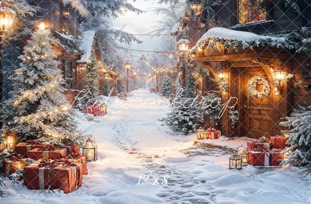 Kate Christmas Snowy Village Pine Trees Gifts Lanterns Backdrop Designed by Emetselch