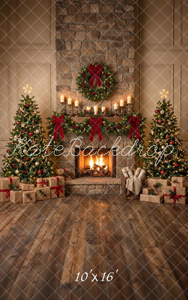Kate Sweep Christmas Brick Fireplace Wreath Trees Gifts Printed Backdrop Designed by Happy Squirrel Design