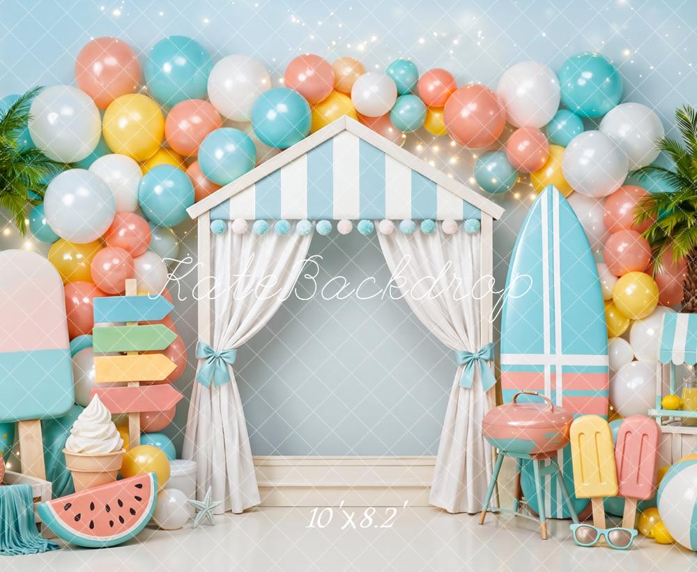 Kate Summer Cake Smash Pool Party Beach Hut Popsicle Surfboard Printed Backdrop Designed by Mini MakeBelieve