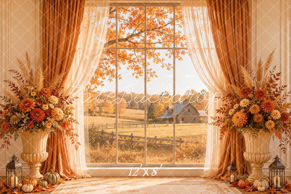 Kate Fall Cozy Window Farm Orange Curtains Pumpkins Floral Printed Backdrop Designed by Emetselch