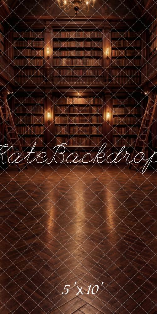 Kate Sweep Library Bookshelves Vintage Wall Brown Herringbone Floor Printed Backdrop Designed by Vertigo Productions