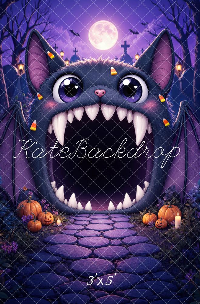 Kate Halloween Trunk or Treat Purple Bat Monster Pumpkins Cobblestone Printed Backdrop Designed by Mini MakeBelieve