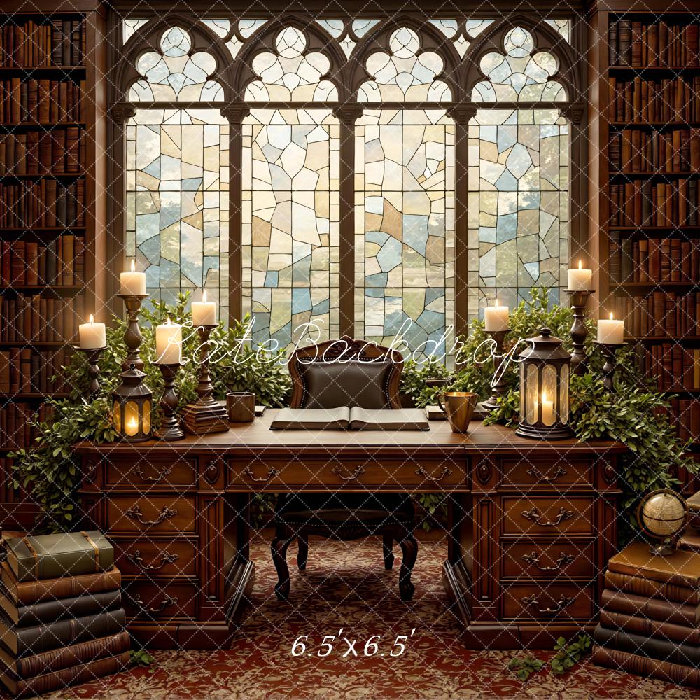 Kate Library Books Stained Glass Desk Globes Backdrop Designed by Mini MakeBelieve