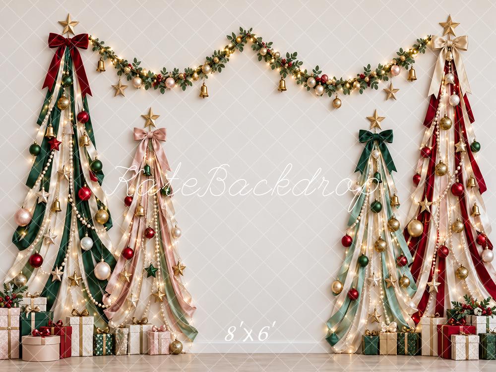 Kate Christmas Ribbon Trees Garland Gifts Lights Printed Backdrop Designed by Vertigo Productions