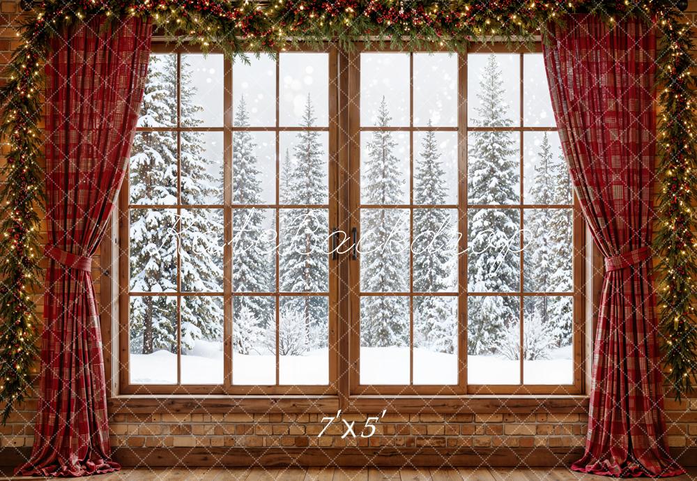 Kate Christmas Window Red Curtains Garland Snowy Trees Printed Backdrop Designed by Emetselch