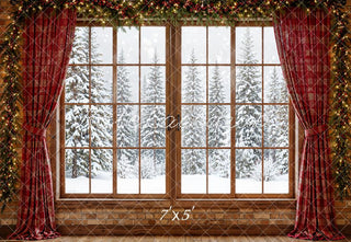 Kate Christmas Window Red Curtains Garland Snowy Trees Printed Backdrop Designed by Emetselch