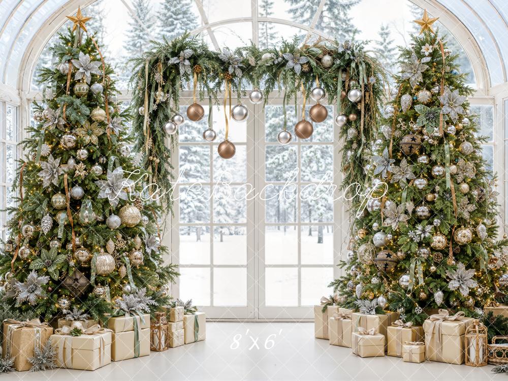 Kate Christmas Greenhouse Trees Garland Gifts Gold Ornaments Printed Backdrop Designed by Emetselch