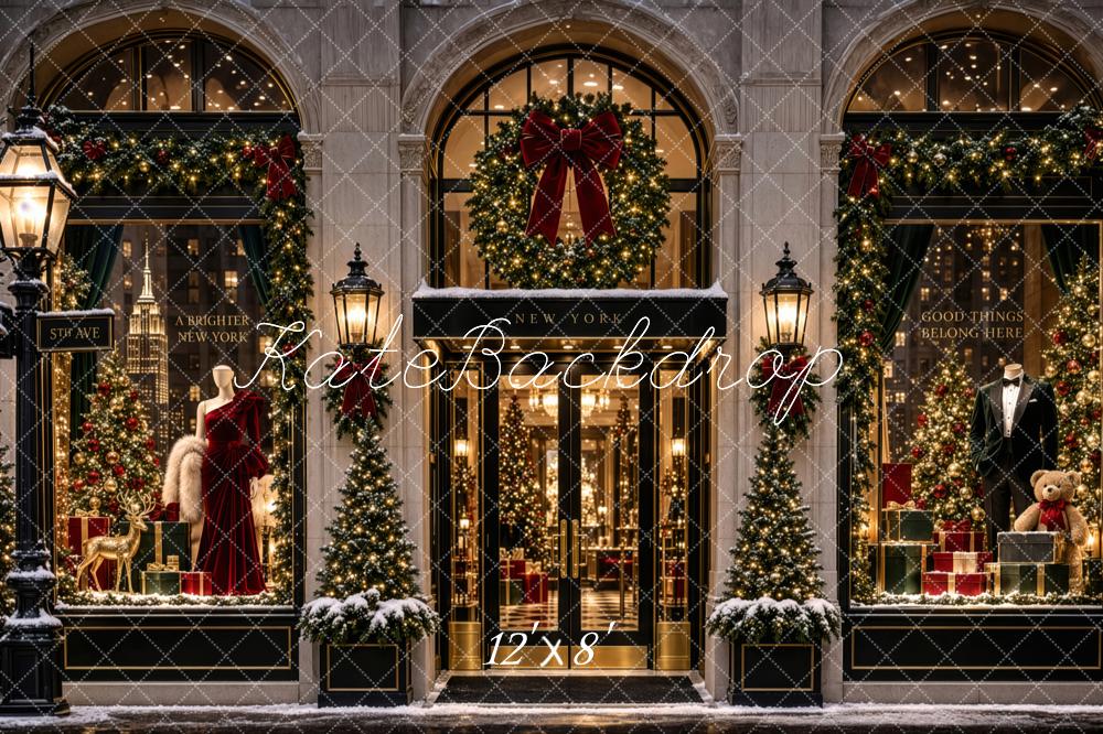 Kate Christmas City 5th Avenue Storefront Wreath Window Display Printed Backdrop Designed by Patty Roberts