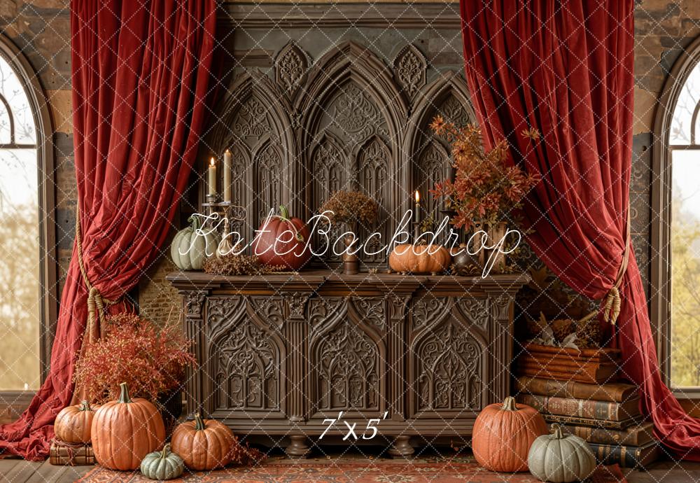 Kate Fall Gothic Cabinet Pumpkins Red Drapes Backdrop Designed by Emetselch