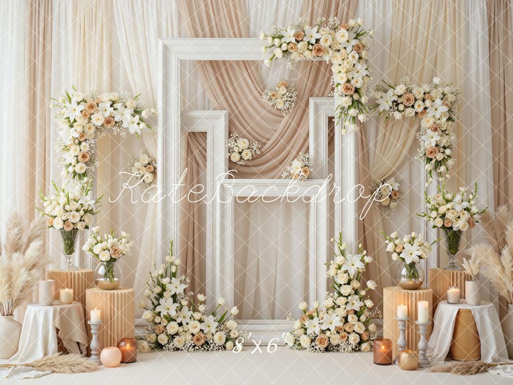 Kate Wedding Flower Arch Frames Candles Beige Drapes Backdrop Designed by Mini MakeBelieve