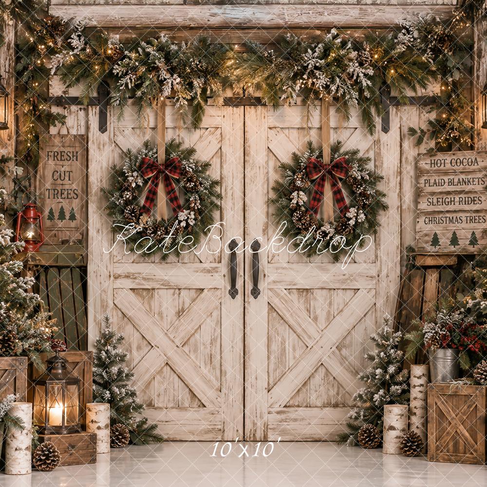 Kate Christmas Rustic Barn Doors Lodge Evergreen Wreaths Printed Backdrop Designed by Ashley Paul