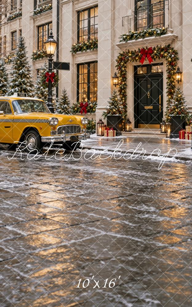 Kate Sweep Christmas Snowy City Yellow Taxi Building Printed Backdrop Designed by Patty Roberts
