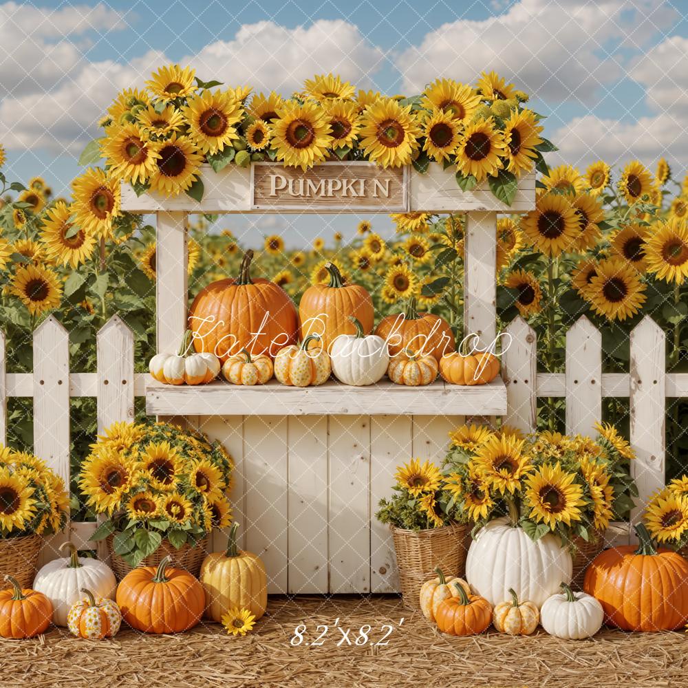 Kate Fall Sunflower Pumpkin Stand White Fence Backdrop Designed by Emetselch