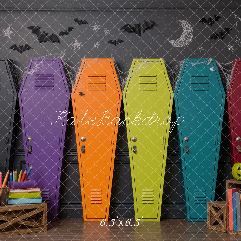 Kate Halloween Colorful Coffin Lockers School Pumpkins Printed Backdrop Designed by Mini MakeBelieve