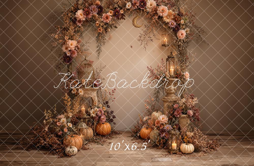 Kate Fall Floral Arch Pumpkins Lanterns Birdcage Printed Backdrop Designed by Jordan Moon