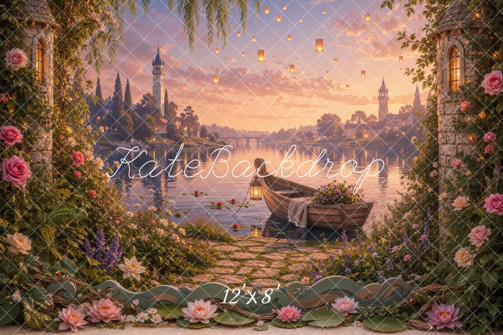 Kate Fairy Fantasy Castle Lake Boat Garden Flowers Sunset Printed Backdrop Designed by Ashley Ward