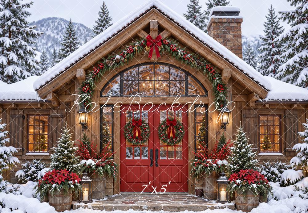 Kate Christmas Snowy Mountain Cabin Wreaths Woodland Printed Backdrop Designed by Emetselch