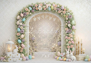 Kate Easter Bunny Flower Arch Pastel Eggs Printed Backdrop Designed by Mini MakeBelieve