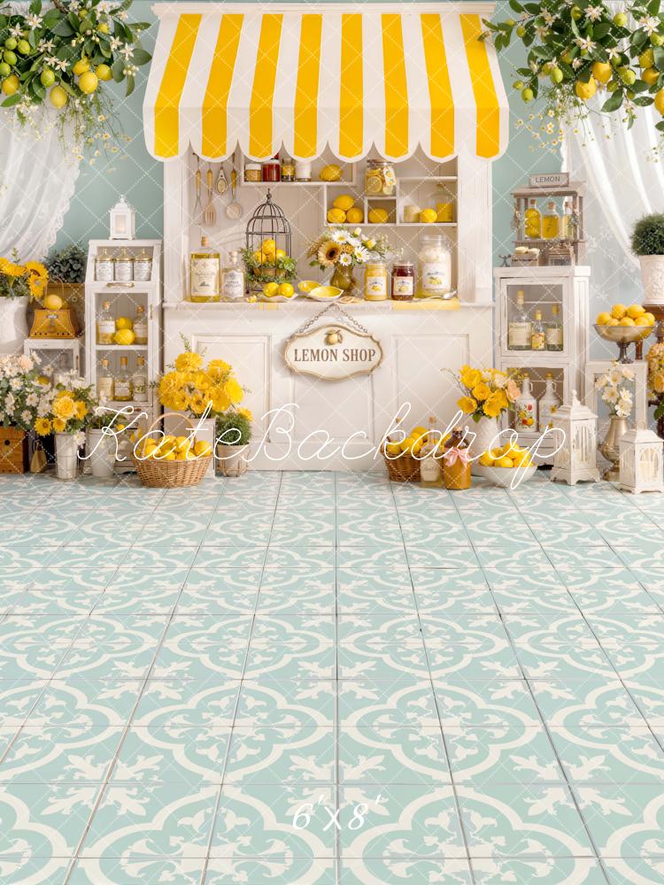 Kate Summer Lemon Shop Yellow Striped Awning Floral Floor Printed Backdrop Printed Backdrop Designed by Emetselch