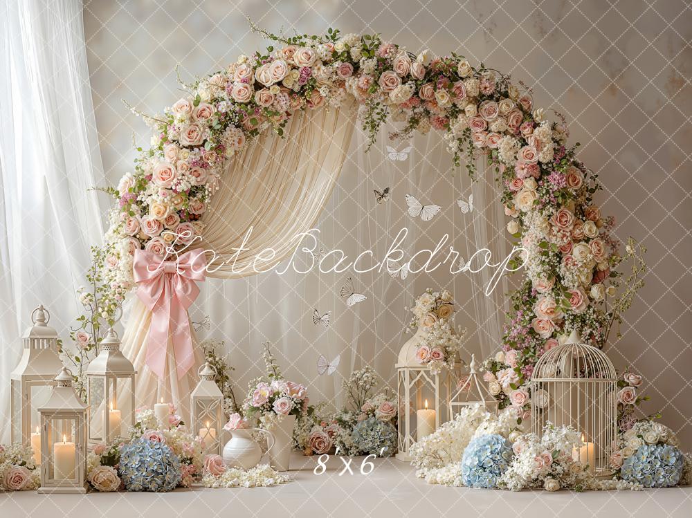 Kate Spring Flower Arch Butterflies Lanterns Birdcage Drapes Printed Backdrop Designed by Emetselch