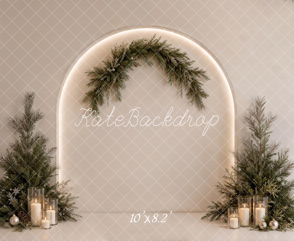Kate Christmas Minimalist Beige Evergreen Arch Candlelight Printed Backdrop Designed by Emetselch