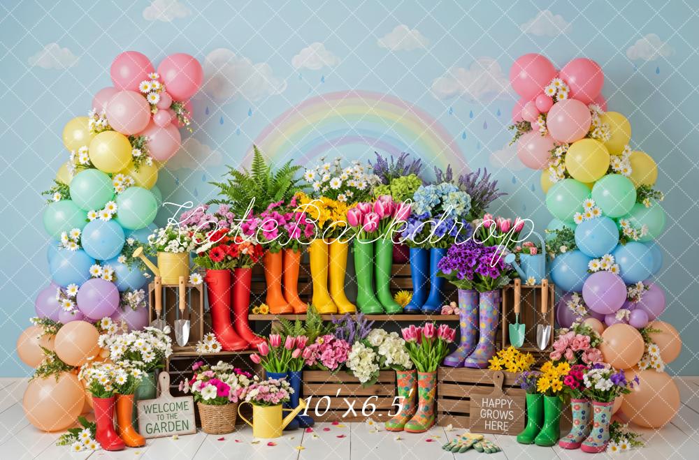 Kate Spring Birthday Garden Balloon Arch Flowers Rain Boots Rainbow Printed Backdrop Designed by Patty Roberts