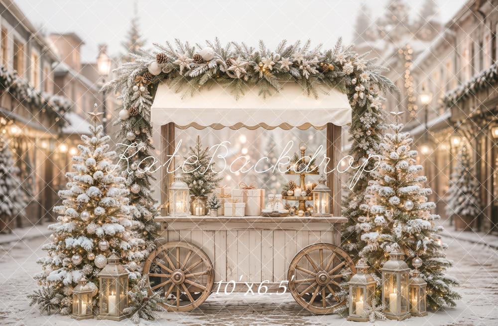 Kate Christmas Snowy Street Market Cart Trees Lanterns Printed Backdrop Designed by Emetselch