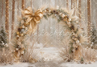 Kate Christmas Flower Arch Gold Bow Ornaments Snowy Forest Printed Backdrop Designed by Emetselch