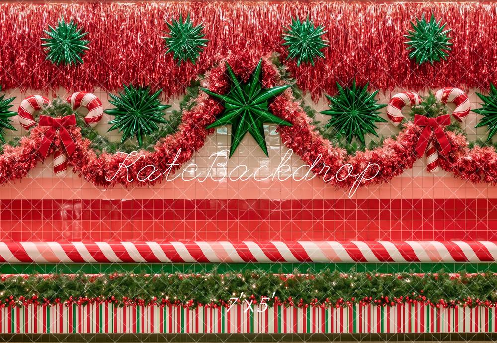 Kate 80's Mall Wall Christmas Tinsel Candy Cane Garland Printed Backdrop Designed by Angela Miller