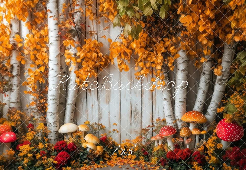 Fondo de árboles de abeto en otoño con setas diseñado por Patty Roberts